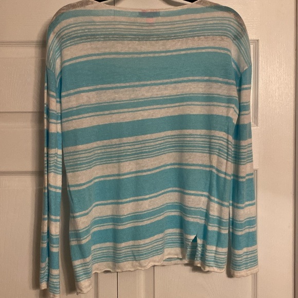 Lilly Pulitzer 100% Linen Alana Sweater in Coconut Row Stripes Aqua Blue Small - Picture 3 of 4